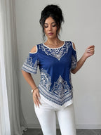 Women's Elegant Asymmetrical Hem Blouse Top - Short Sleeve Round Neck Church Shirt with Asymmetrical Hemline, Black & White Print Suitable for Commuting, Church Events, Casual Outfits, Spring Summer Fall Wardrobe Essential - Blue