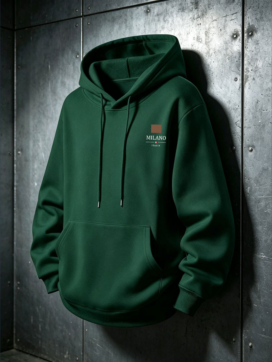 American Vintage Small Square Logo Hooded Sweatshirt for Men, Casual Hoodie, Trendy and Versatile for Daily Wear, Long-Sleeve Top - Dark Green
