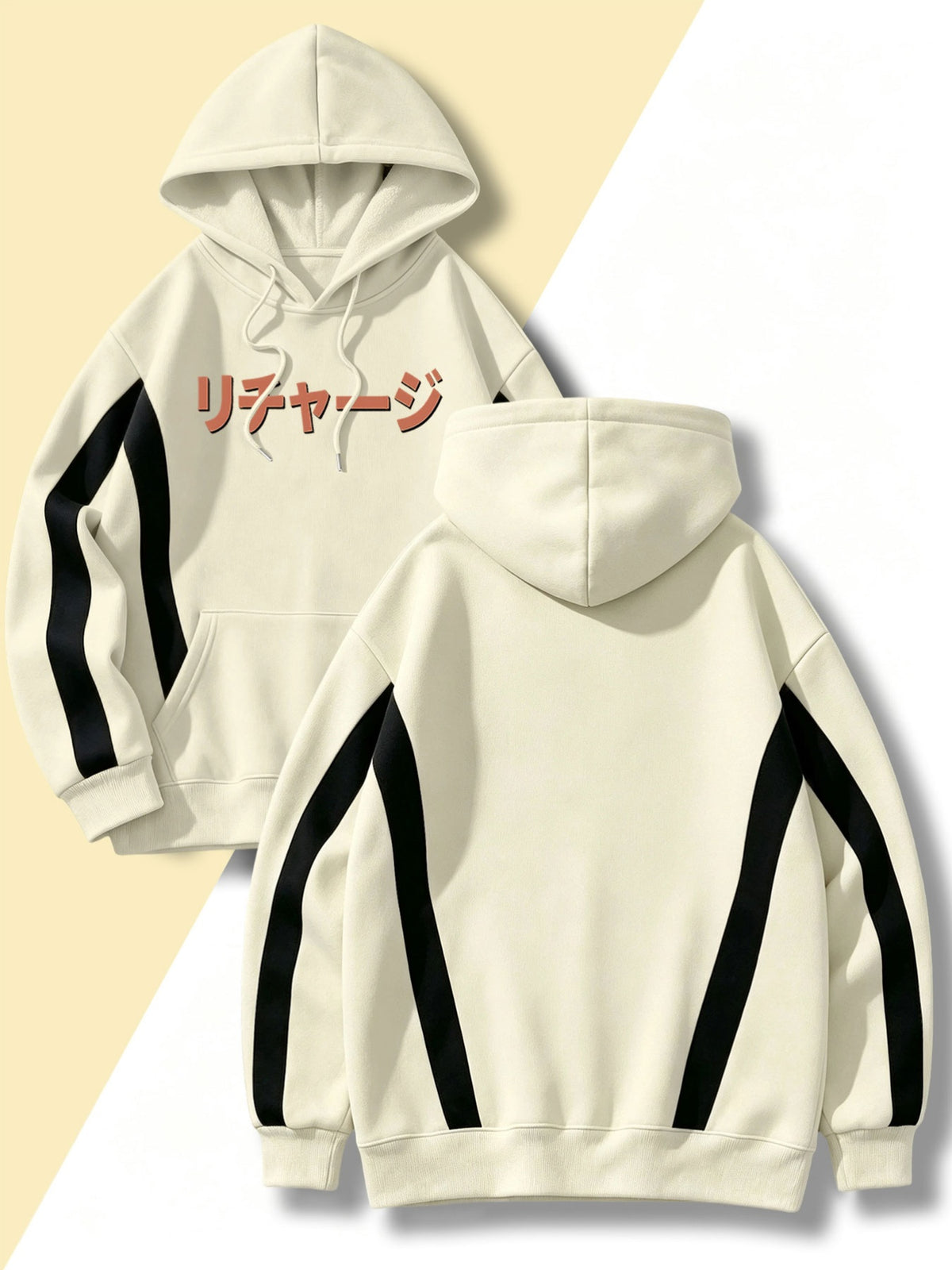 4pcs 2026 Autumn/Winter Men's Street Style Hooded Sweatshirt with Diagonal Contrast Color Line Cutting on Sleeves, Long Sleeves, Adjustable Drawstring, Large Capacity Kangaroo Pocket for Phone Storage, Skin-Friendly and Warm, Versatile Pullover - Apricot + Navy Blue + Gray + Black
