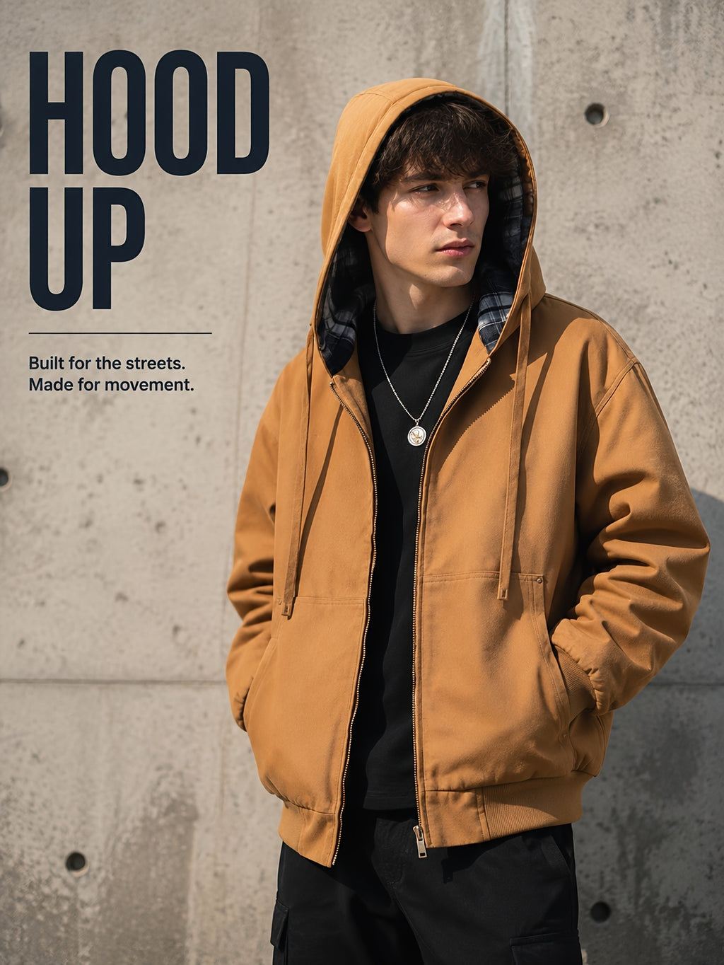 Men'S Full-Zip Hooded Jacket, Non-Removable Hood with Plaid Lining, Drawstring Hood Design, Large Kangaroo Pockets, Ribbed Cuffs And Hem, Loose Fit, Urban Street Casual Cargo Jacket - Dark Khaki