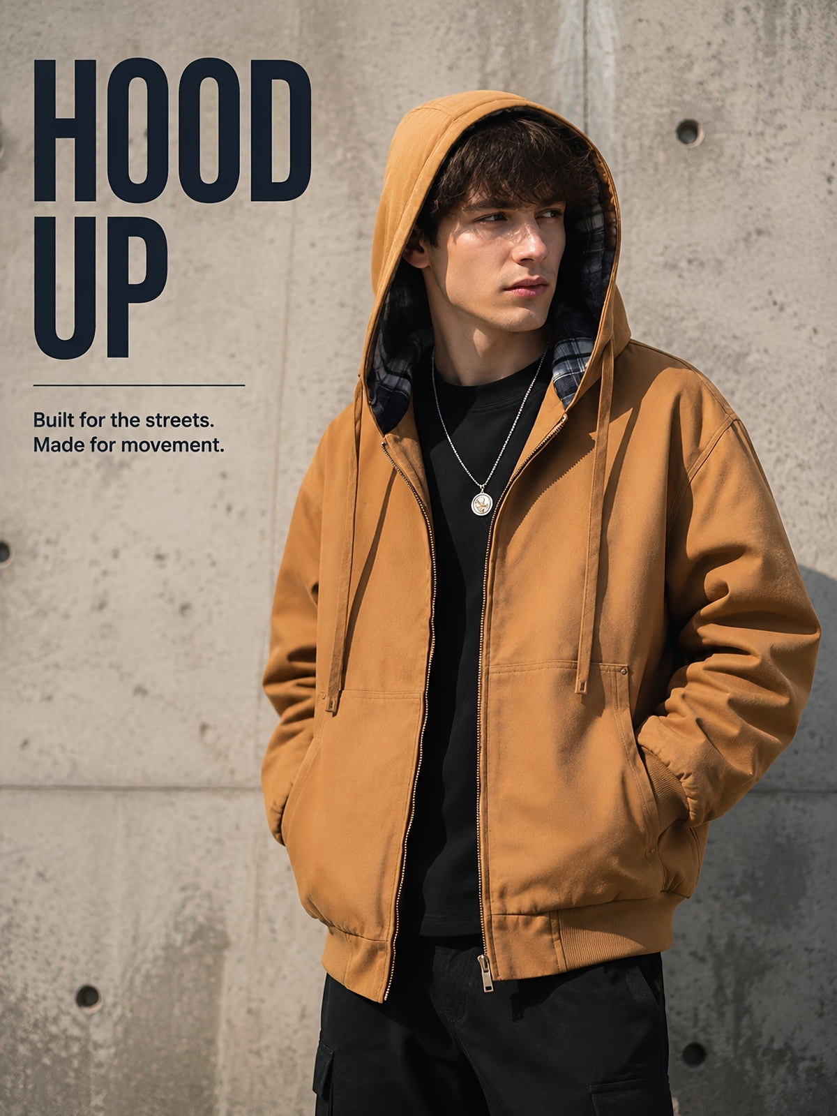 Men'S Full-Zip Hooded Jacket, Non-Removable Hood with Plaid Lining, Drawstring Hood Design, Large Kangaroo Pockets, Ribbed Cuffs And Hem, Loose Fit, Urban Street Casual Cargo Jacket - Dark Khaki