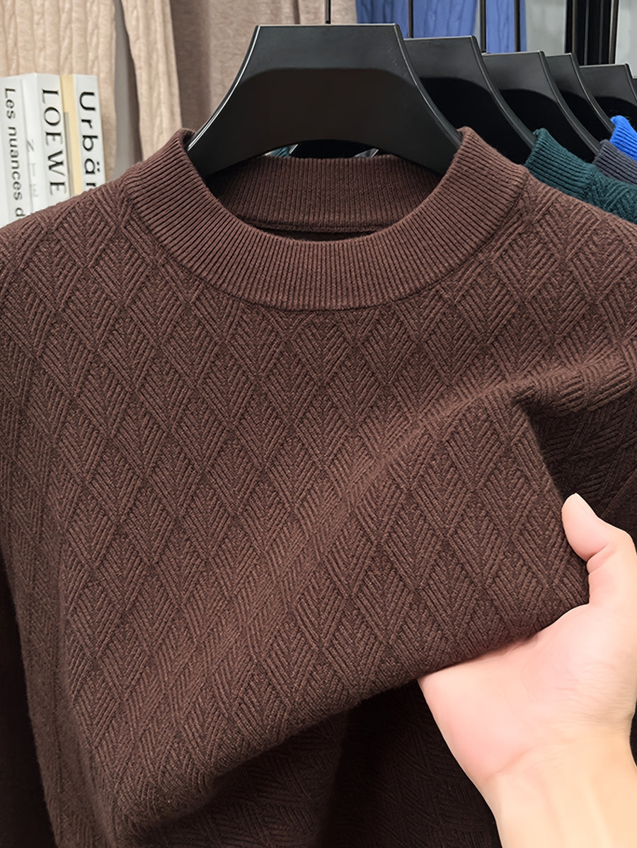 Autumn/Winter Men's Slim Fit Half-Turtleneck Diamond Pattern Solid Color Knit Pullover Base Layer, Simple and Warm - Rust