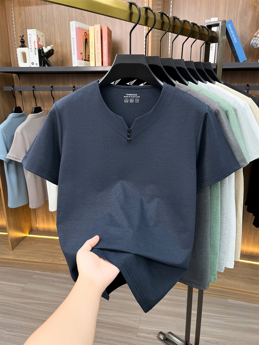 [Qiaoximei OBM] Collarless Men'S Top, Summer New Men'S Collarless Henley Shirt, Fake Button Decoration, Men'S Easy Wear, Suitable for Casual Outings And All-Match Style, Men'S Gift - Navy Color