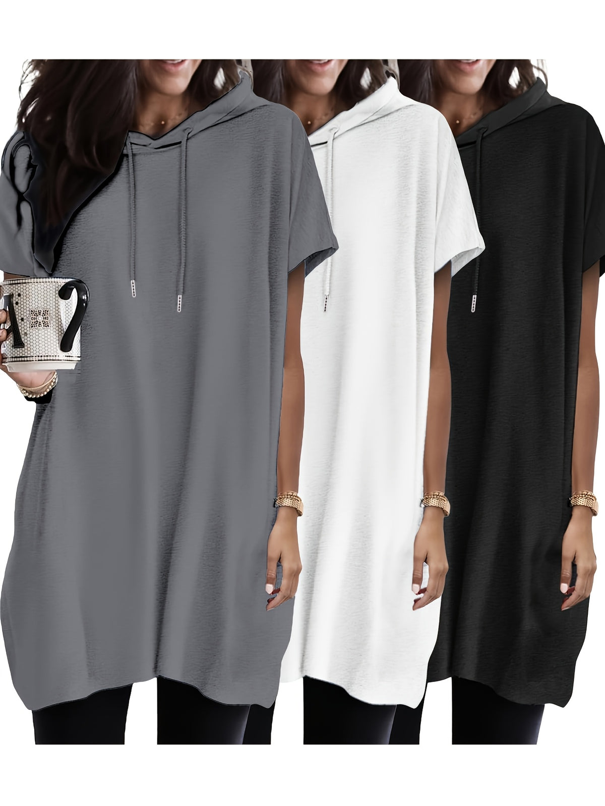 3pcs Set Women's Fashionable Hooded Top, Casual Loose-fit Hoodie, Basic Women's Shirt, Elegant and Comfortable Short-sleeve Long T-shirt - Mixed colors