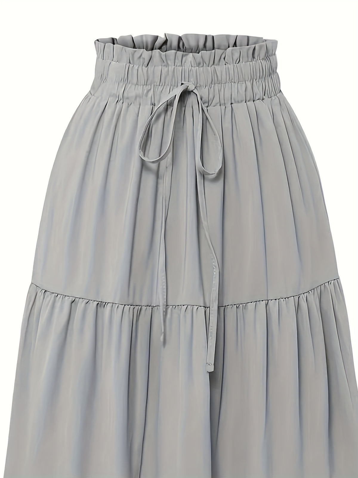Women's Olive Green Pleated Midi Skirt - Lightweight Adjustable Drawstring Waist, Hand Washable Spring/Summer Elegant Solid Color Skirt for Casual & Formal Outfits, Casual Attire, Nontransparent Fabric, Spring Fashion, Classic Style, Breathable Material - Light Grey