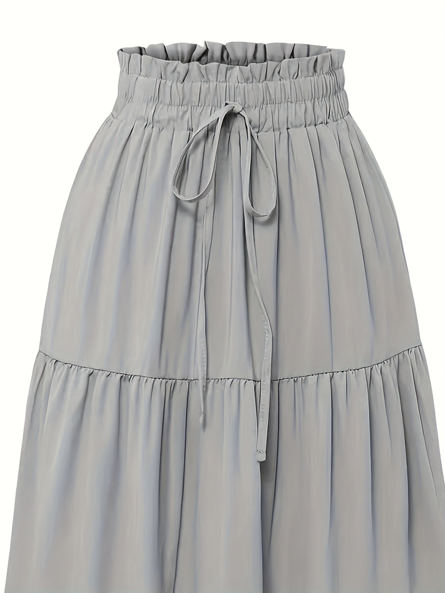 Women's Olive Green Pleated Midi Skirt - Lightweight Adjustable Drawstring Waist, Hand Washable Spring/Summer Elegant Solid Color Skirt for Casual & Formal Outfits, Casual Attire, Nontransparent Fabric, Spring Fashion, Classic Style, Breathable Material - Light Grey