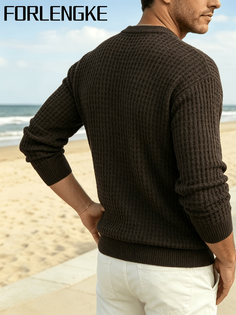 FORLENGKE Men's Waffle Knit Crewneck Sweater, New Autumn and Winter Solid Color Textured Knit Pullover with 3D Patterns, Casual and Commuter-Friendly, Simple and Versatile, Available in Multiple Colors, Suitable for Wearing Alone or Layering - Coffee Color