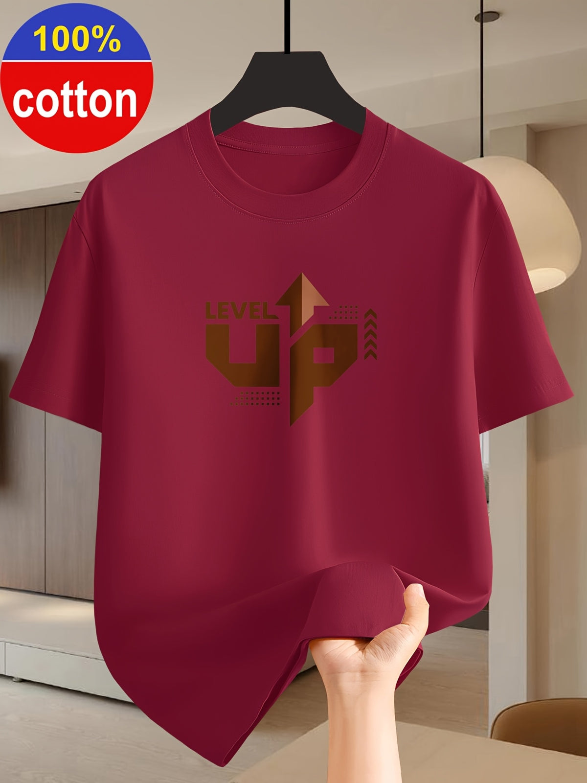 100%, Summer Men'S Short Sleeve T-Shirt, Fashion Easy Print Top, Round Neck Base Layer, Easy Fashion Fit, Outdoor Leisure Sports Essential, Machine Washable - Burgundy