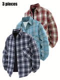 3pcs Set - Men'S Spring/Autumn Lapel Plaid Shirt Youth Outdoor Casual Trendy Top Men'S Fashion Versatile Jacket - Dark blue + sky blue + red