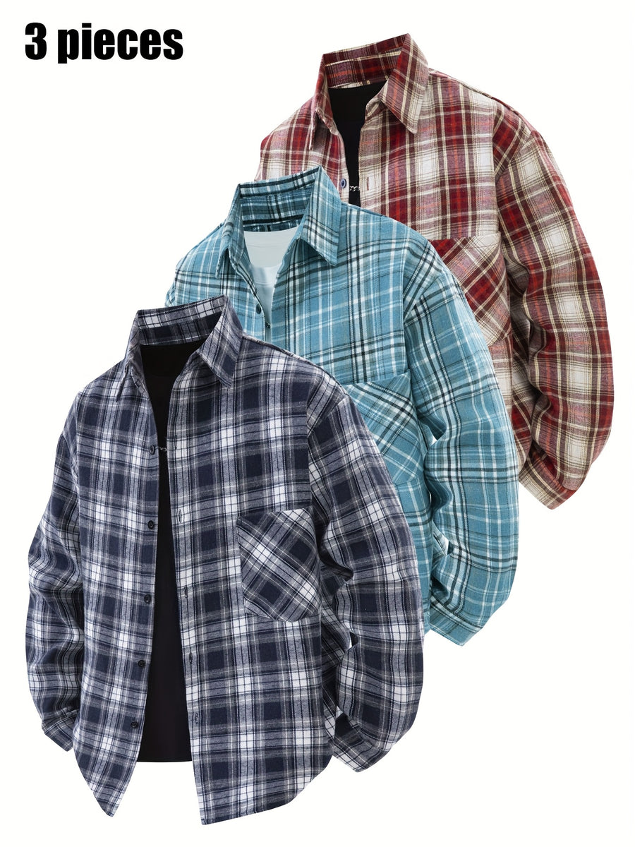 3pcs Set - Men'S Spring/Autumn Lapel Plaid Shirt Youth Outdoor Casual Trendy Top Men'S Fashion Versatile Jacket - Dark blue + sky blue + red