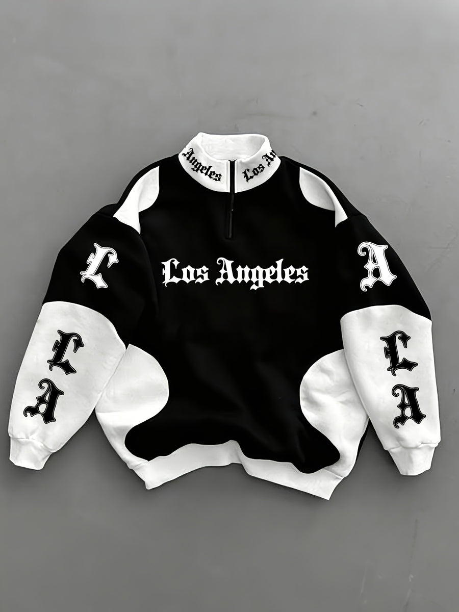 Los Angeles City Theme Print Black And White Contrast Patchwork Zipper Stand-Up Collar Pullover Sweatshirt - Black