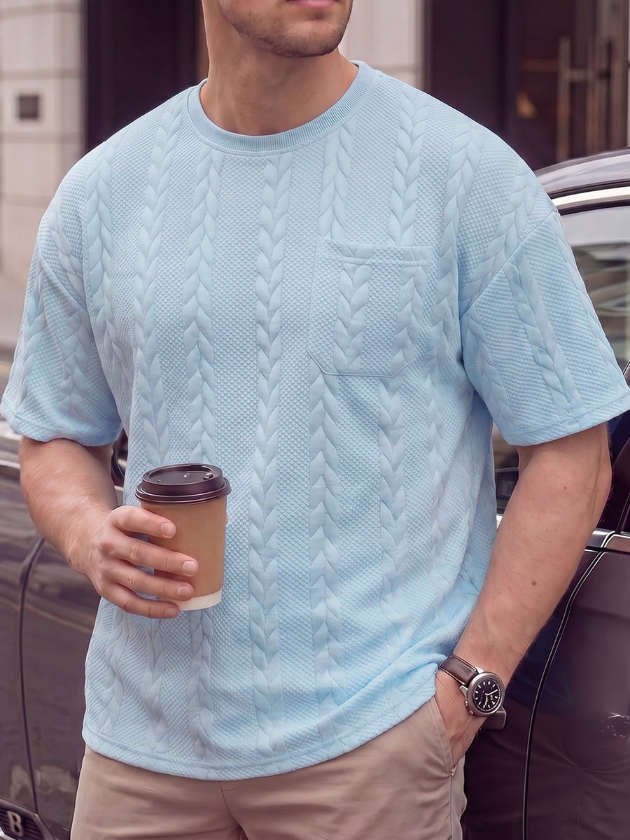 KJ-T037 Men'S Round Neck Jacquard Textured Tactile Pocket Short Sleeve Top T-Shirt Casual Men'S T-Shirt - Light Blue