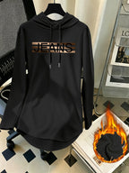 Mid-Length Hooded Sweatshirt for Women, Loose Hip-Covering Letter Print Drawstring Pullover Top - Black