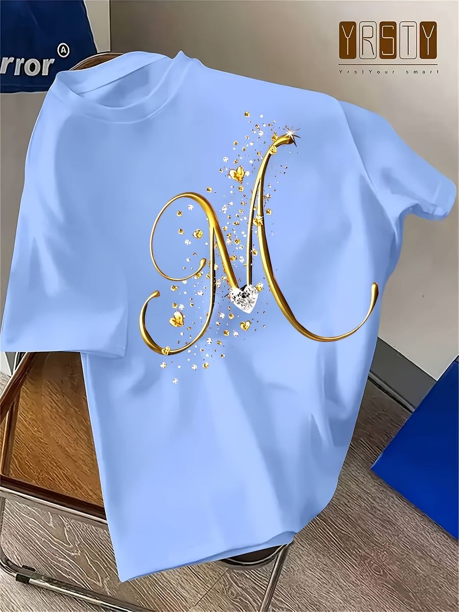 Women's Casual Short-Sleeve T-Shirt – "M" Letter Graphic Print, Regular Crew Neck Top, Suitable for All Seasons, Women's Apparel - Blue