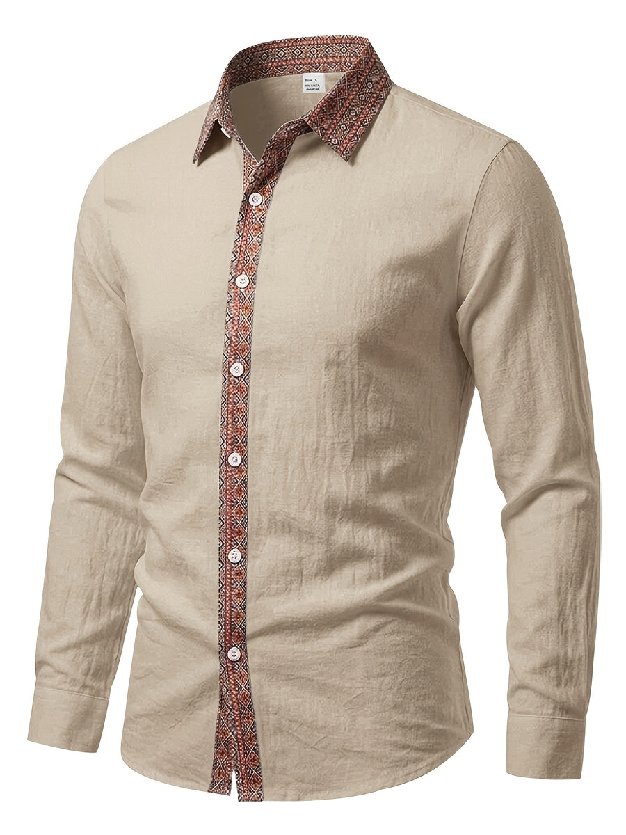 Men's Retro Button- Linen Shirt - Lightweight Breathable Suitable for Beach Vacation, Travel & Daily Wear, Loose Fit Roll Sleeve Collar & Placket Button Collar Shirt, Machine Washable for - Resort Wear (Solid Color) - Khaki