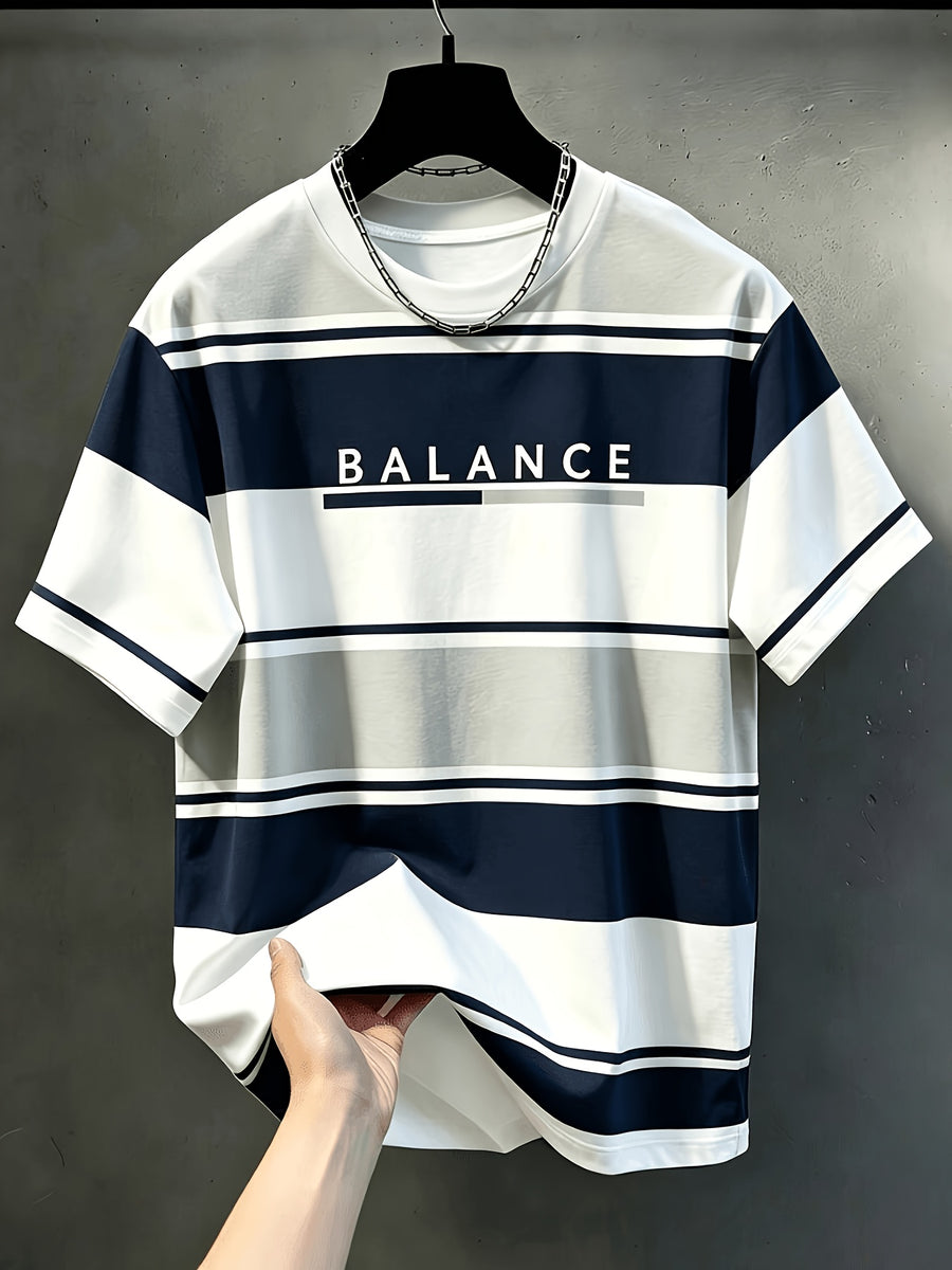 Men'S Casual Round Neck T-Shirt, Geometric Pattern Patchwork Striped Design, Drapey Fashion Top, All-Season Wear, Breathable Regular Fit for Casual And Formal Outfits - Round Neck Casual Top, Comfortable Wear, Gift for Teens And Adults - Mixed colors