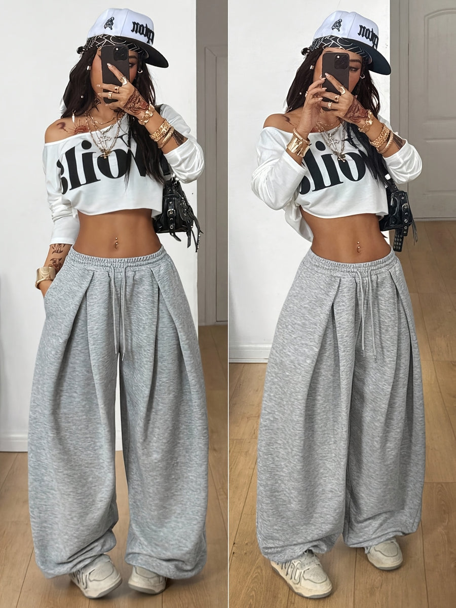 Women's Street Style Basic Spring/Summer Casual Outing Gray Loose Low-Waist Drawstring Pants Y2K - Light Grey