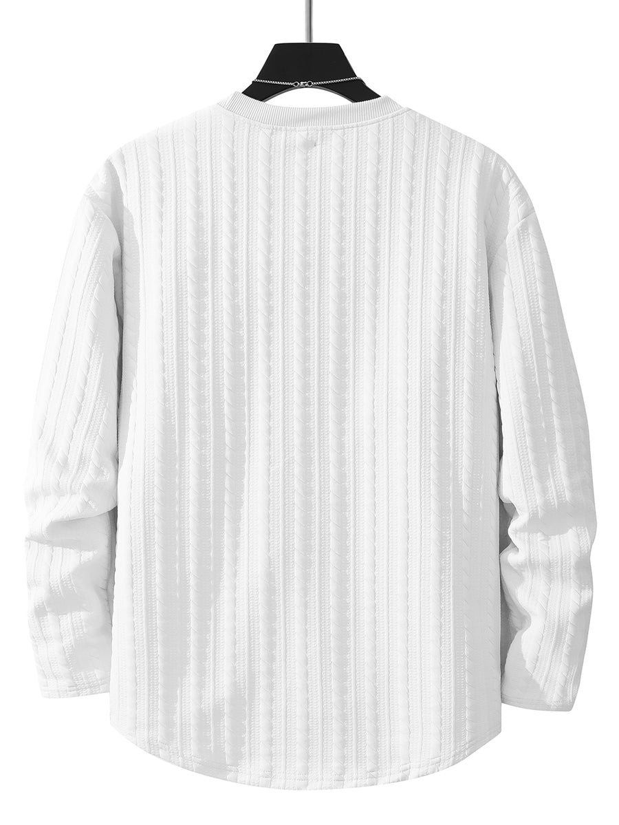 Men's Round Neck Fashionable Vintage Artistic Style Jacquard Knit Textured Fabric Autumn/Winter Long Sleeve Casual Outerwear Regular Fit Versatile Top for Dates, Gatherings, and Outings - White