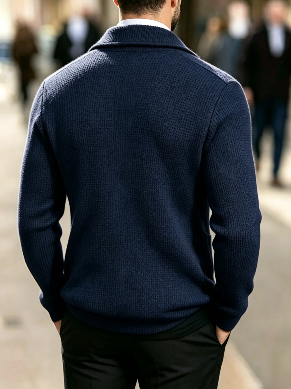 Men's Waffle Knit Cardigan Jacket - Soft Relaxed-Fit Lapel Coat with Double Suitable for Business Casual, Blazer for Daily Commuting, Travel & Gifts, Machine Washable Winter Coat (Father's Day Gift for, Boyfriend) - Navy Color