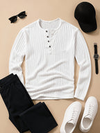 Men's Fashion Top T-Shirt, Autumn Winter Casual Textured Fabric Solid Color Knit Crew Neck Button Long Sleeve Henley Shirts - White