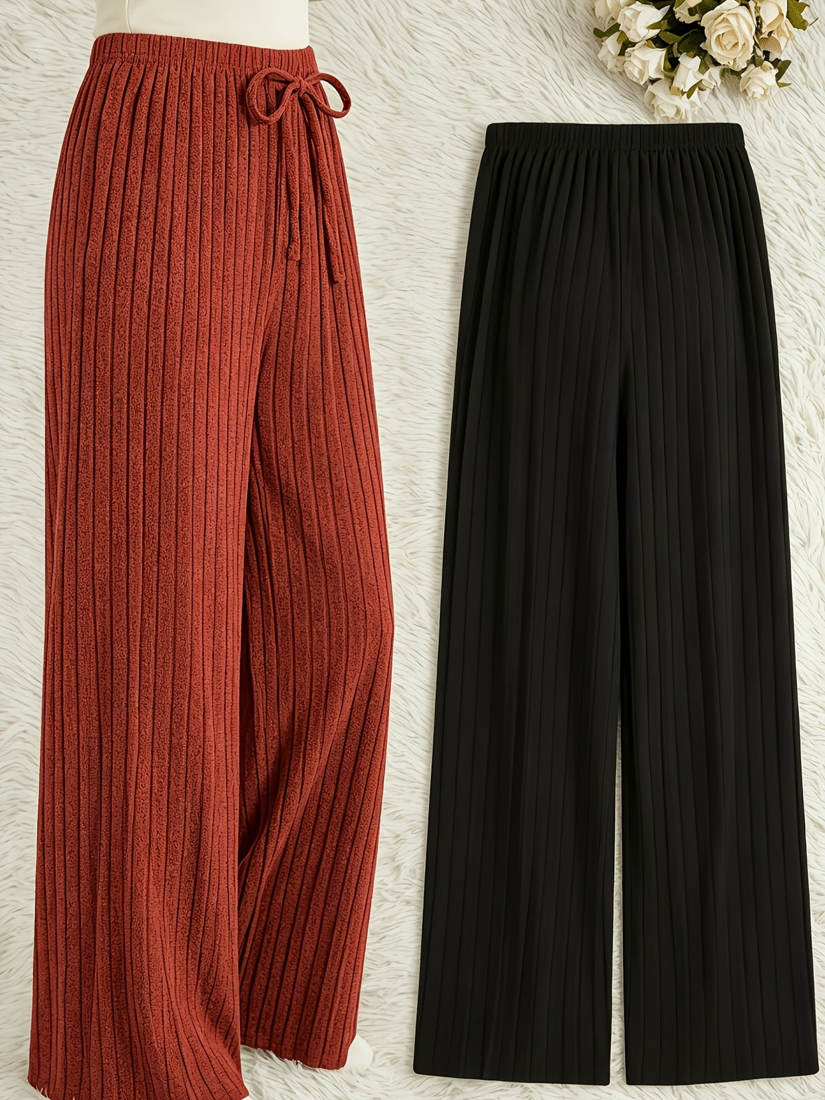 Plus Size Solid 2-Pack Ribbed Stretch Casual Wide-Leg Long Pants Home Sleepwear - Multicolor
