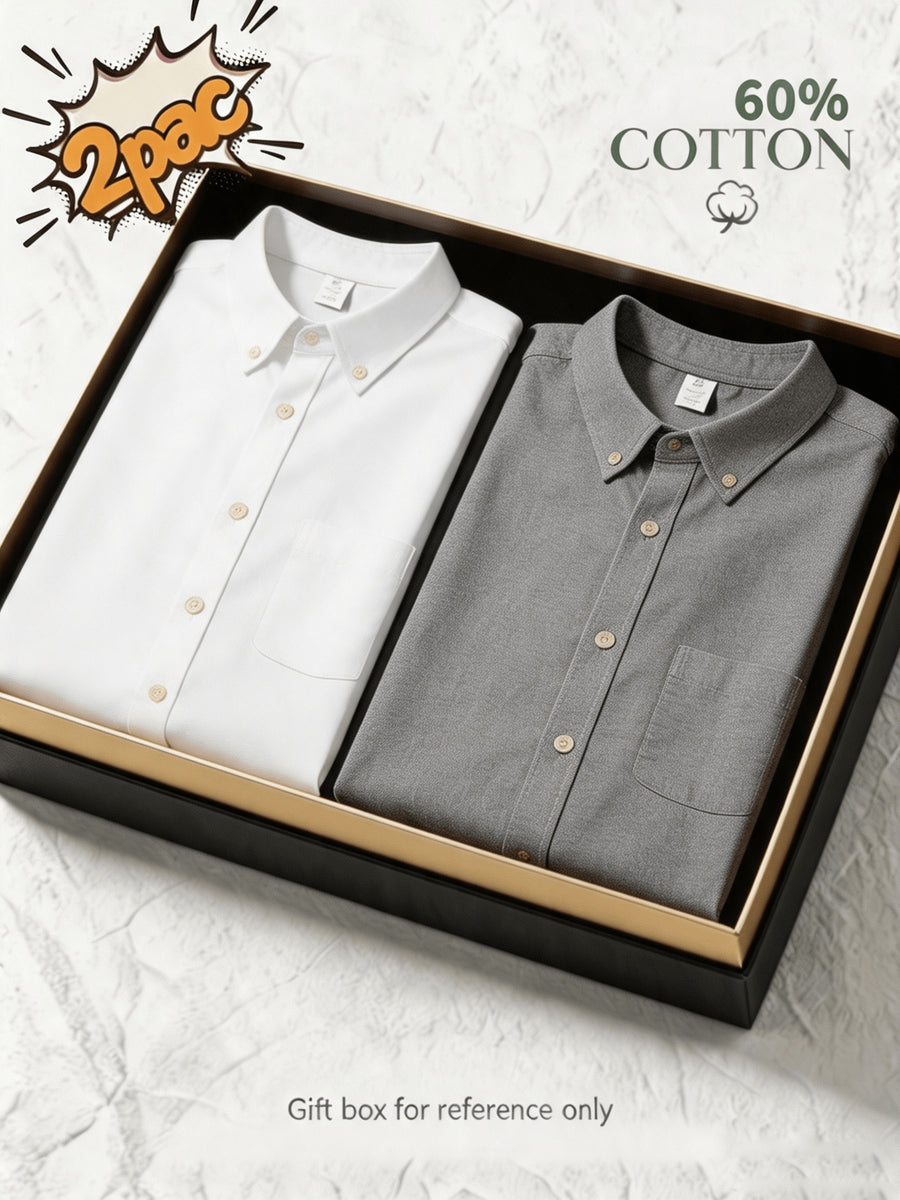 1+1 2pcs Classic Men's Oxford Plain Color Shirt, Long Sleeve Spring/Autumn Pocket Lapel Shirt for Casual Daily Outings - White+gray