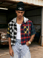 New Summer Men's Trendy Cool Patchwork Plaid Hooded Short-Sleeve Shirt Top. Features a Unique Contrast-color Plaid Pattern, a Loose Cropped Fit That Elongates the Legs, and a Casual, Nonchalant Hooded Design. The Soft, Skin-friendly Fabric Is - Black