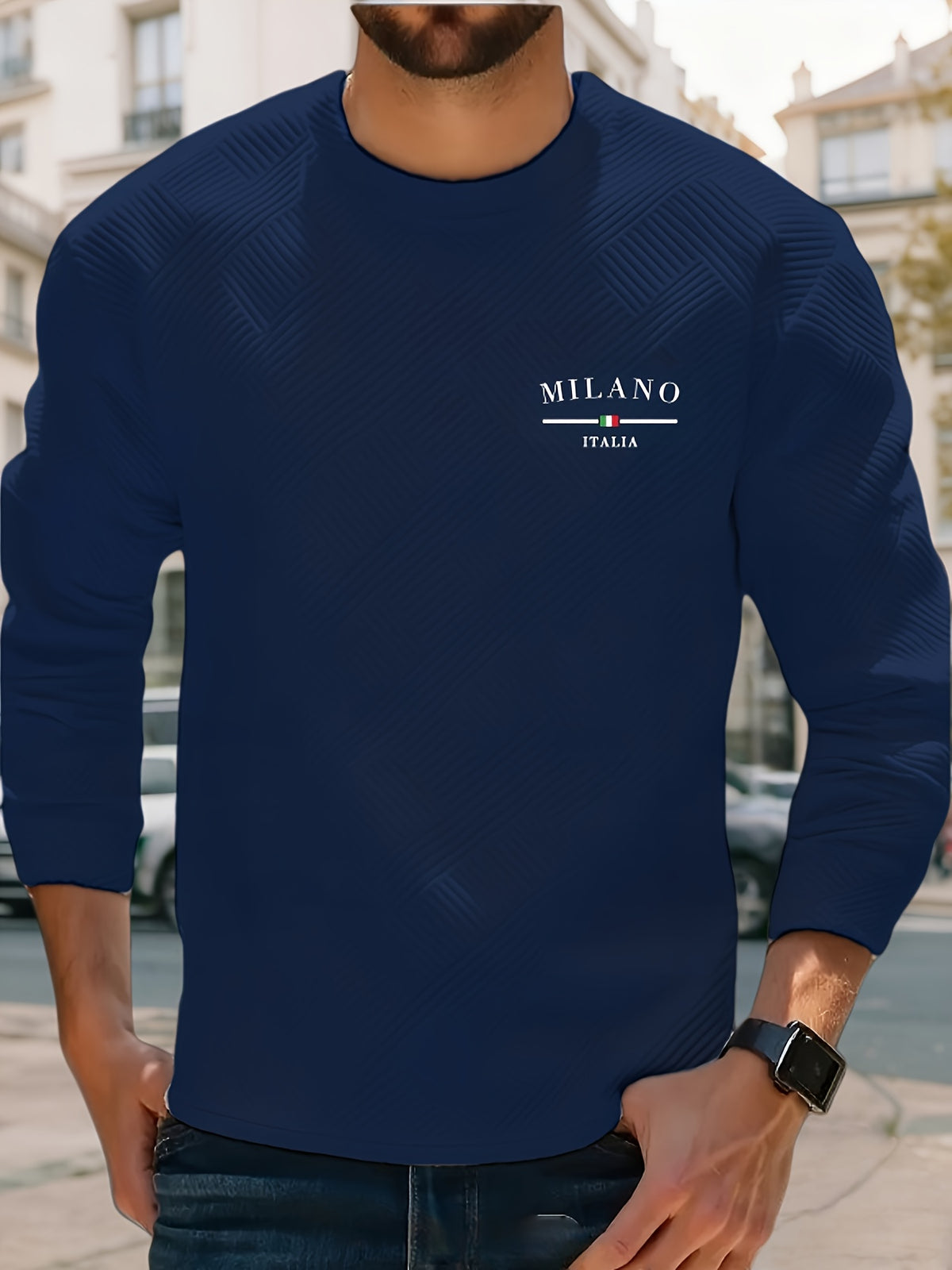 Men'S Spring Autumn Casual Long Sleeve Sweatshirt Daily All-Match Heavy Jacquard Round Neck Sweatshirt, Regular Fit, Outdoor, Crew Neck, Geometric Print - Navy Color