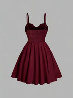 Summer Elegant Floral Print Waist-Cinching Strappy Mini Dress for Women - Deep Red