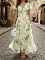 Women's Elegant V-Neck Floral Print Maxi Dress with Ruffle Sleeves, Casual Waist, for Leisure and Vacation, ZLLZ - Light Green