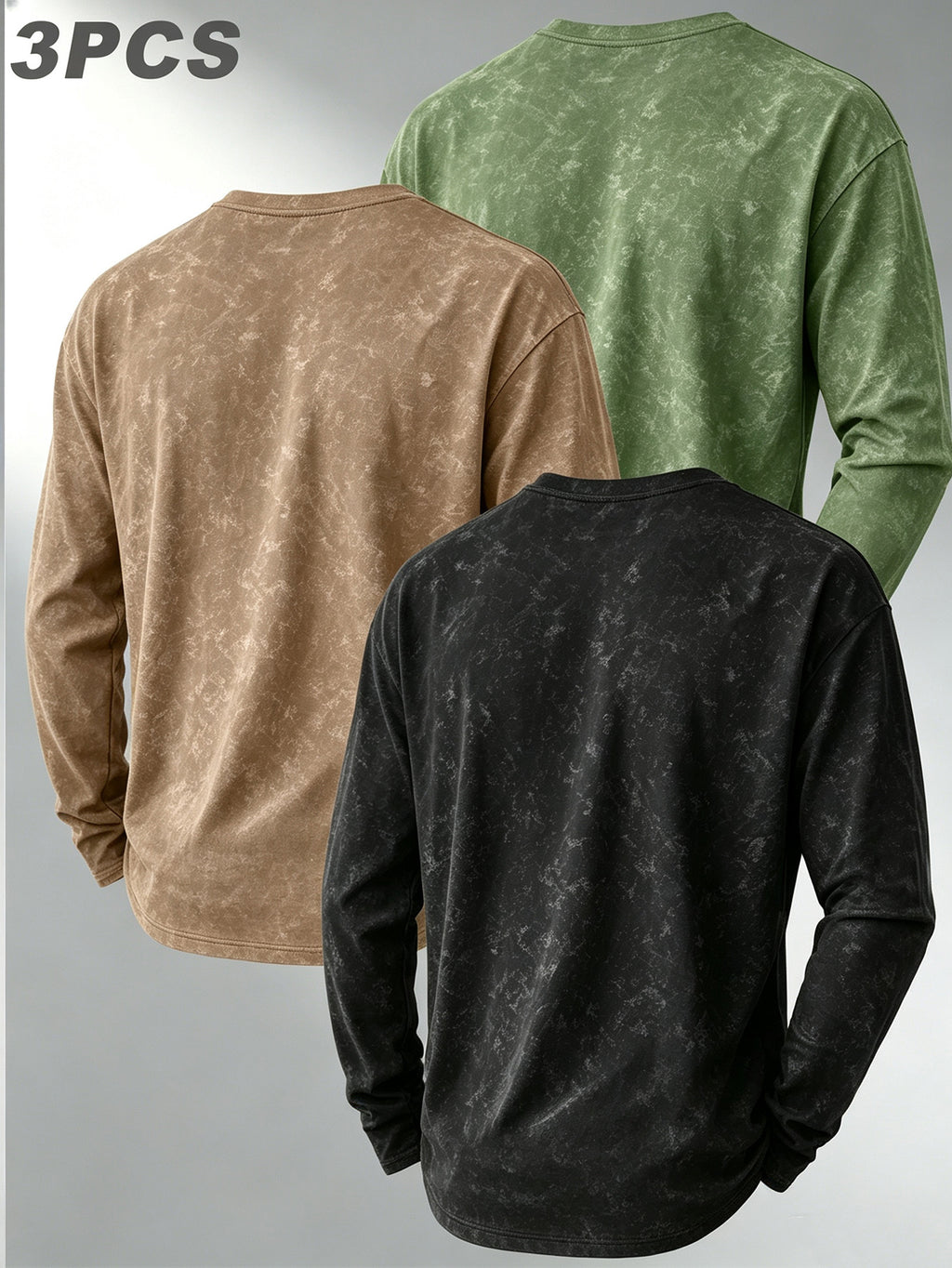 Men's 3pcs Set American Vintage Distressed Long-Sleeve Base Layer Washed Crew Neck Versatile Casual Long-Sleeve Top - Black+khaki+green