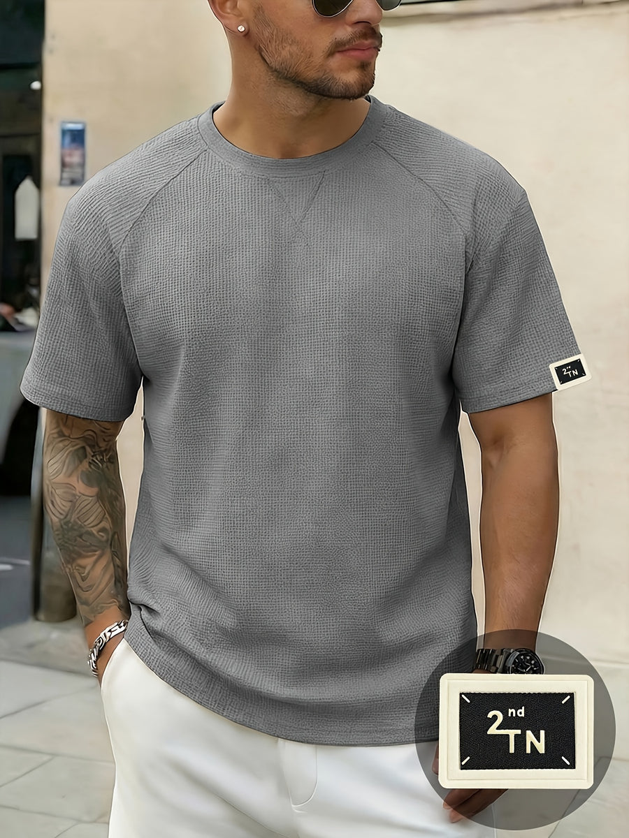 Men'S Waffle Knit Crew Neck T-Shirt, Lightweight And Breathable Short Sleeve Casual Tee with Premium Fashion Handcrafted Labeling. Comfortable Loose-Fit Summer Top Perfect for Daily Wear, Street Style, Vacations, Travel, Outdoor Activities - Grey