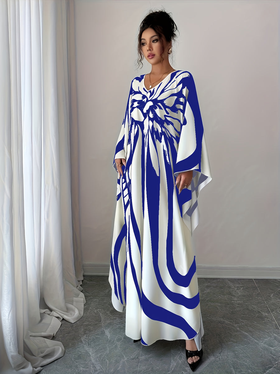 Women'S Fall Winter Fashion New Product Party Commute Butterfly Print V-Neck Loose Dress - Blue