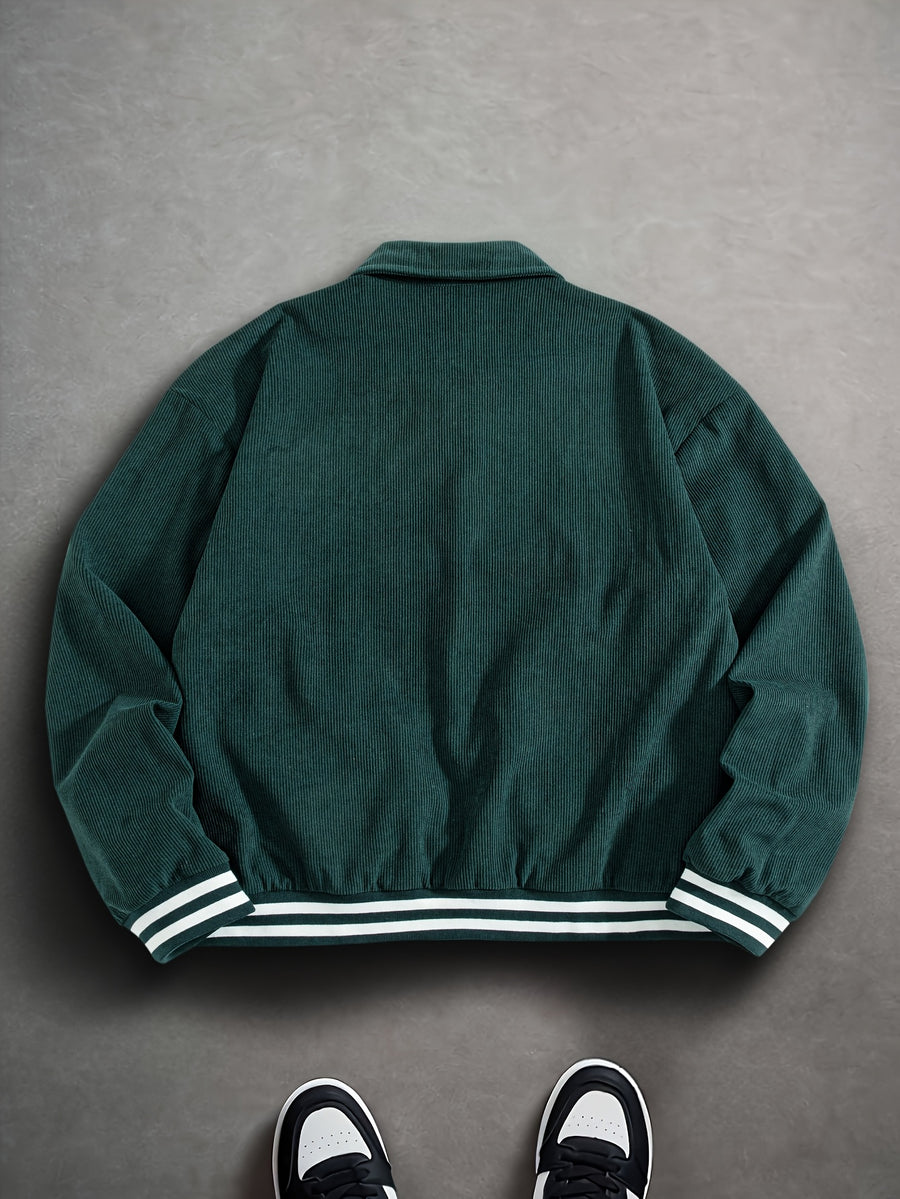 Men'S Fashion Classic Individual Solid Corduroy Contrast Color Ribbed Patchwork Front Panel English Letter Embroidery Craft Lapel Design Suitable for Daily Casual Fashion Easy Commute Outdoor Play Street Trend Autumn Winter New Long Sleeve Shirt - Dark Green