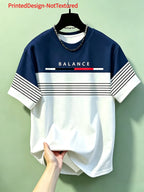 Men's Casual Crew Neck T-Shirt, Striped Pattern, All-Season Wear, Breathable Regular Fit for Daily and Formal Outfits - Gift for Teens and Adults, Outdoor Activity T-Shirt, Sporty Style - Vitality Blue