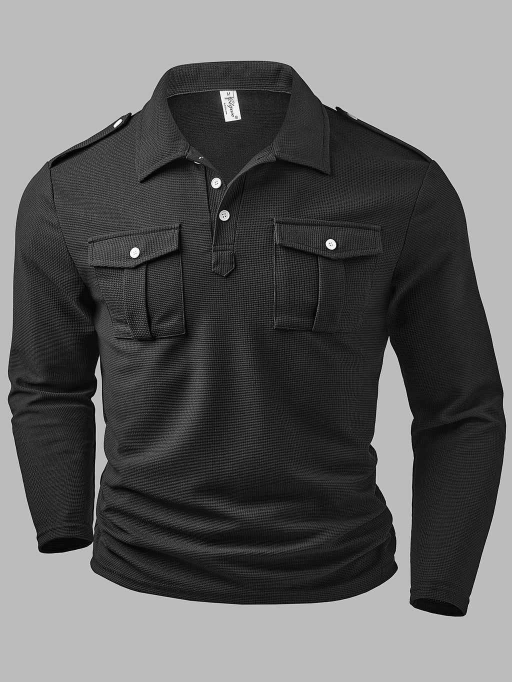 Men'S Fashion Top, Autumn Outdoor Casual Textured Waffle Fabric, Solid Color Lapel Pocket Patchwork Single Button Long Sleeve Men'S Polo Shirt - Black