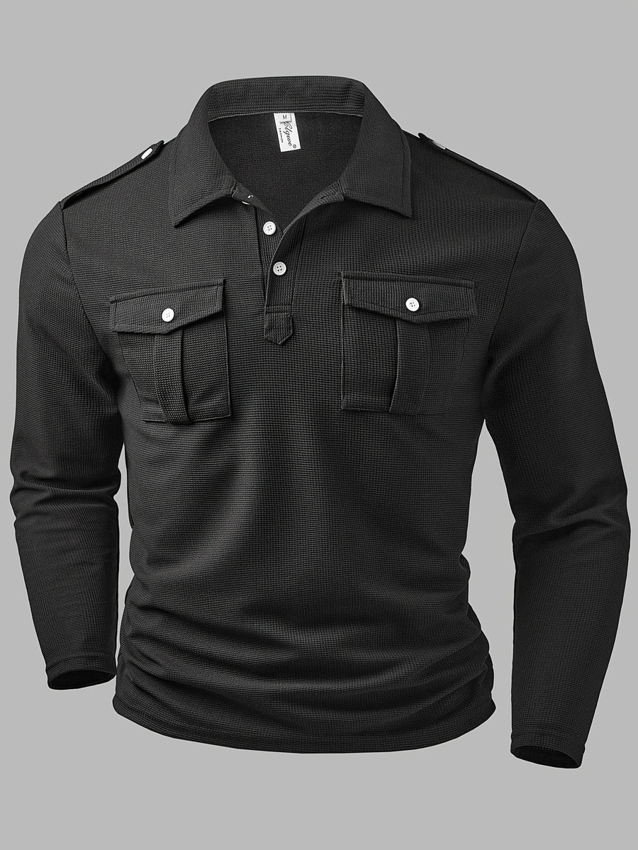 Men'S Fashion Top, Autumn Outdoor Casual Textured Waffle Fabric, Solid Color Lapel Pocket Patchwork Single Button Long Sleeve Men'S Polo Shirt - Black
