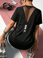 Women's Summer Mesh Breathable Short-Sleeve Quick-Dry Loose-Fit Sports T-Shirt for Fitness, Outdoor Running, and Yoga - Black 1