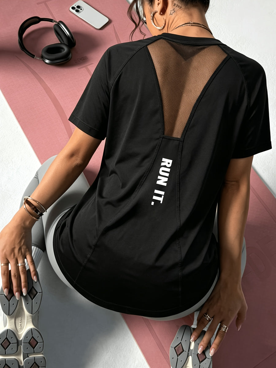 Women's Summer Mesh Breathable Short-Sleeve Quick-Dry Loose-Fit Sports T-Shirt for Fitness, Outdoor Running, and Yoga - Black 1