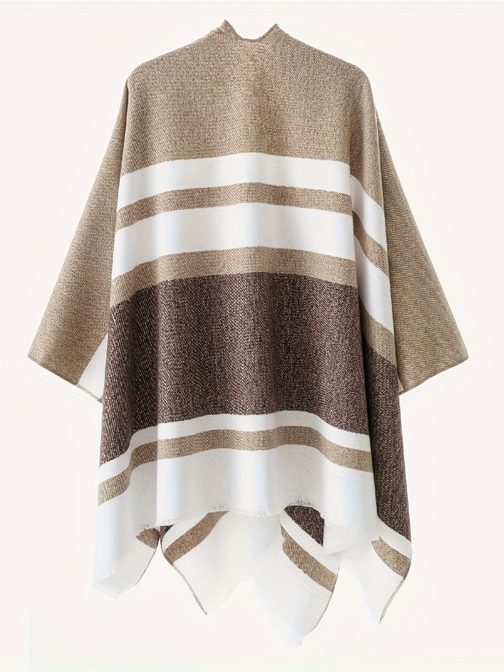 Women's Fashion Classic Striped Color Block Pattern Autumn and Winter Windproof Buttoned Travel Wrap Coat - Dark Brown