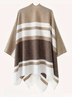 Women's Fashion Classic Striped Color Block Pattern Autumn and Winter Windproof Buttoned Travel Wrap Coat - Dark Brown