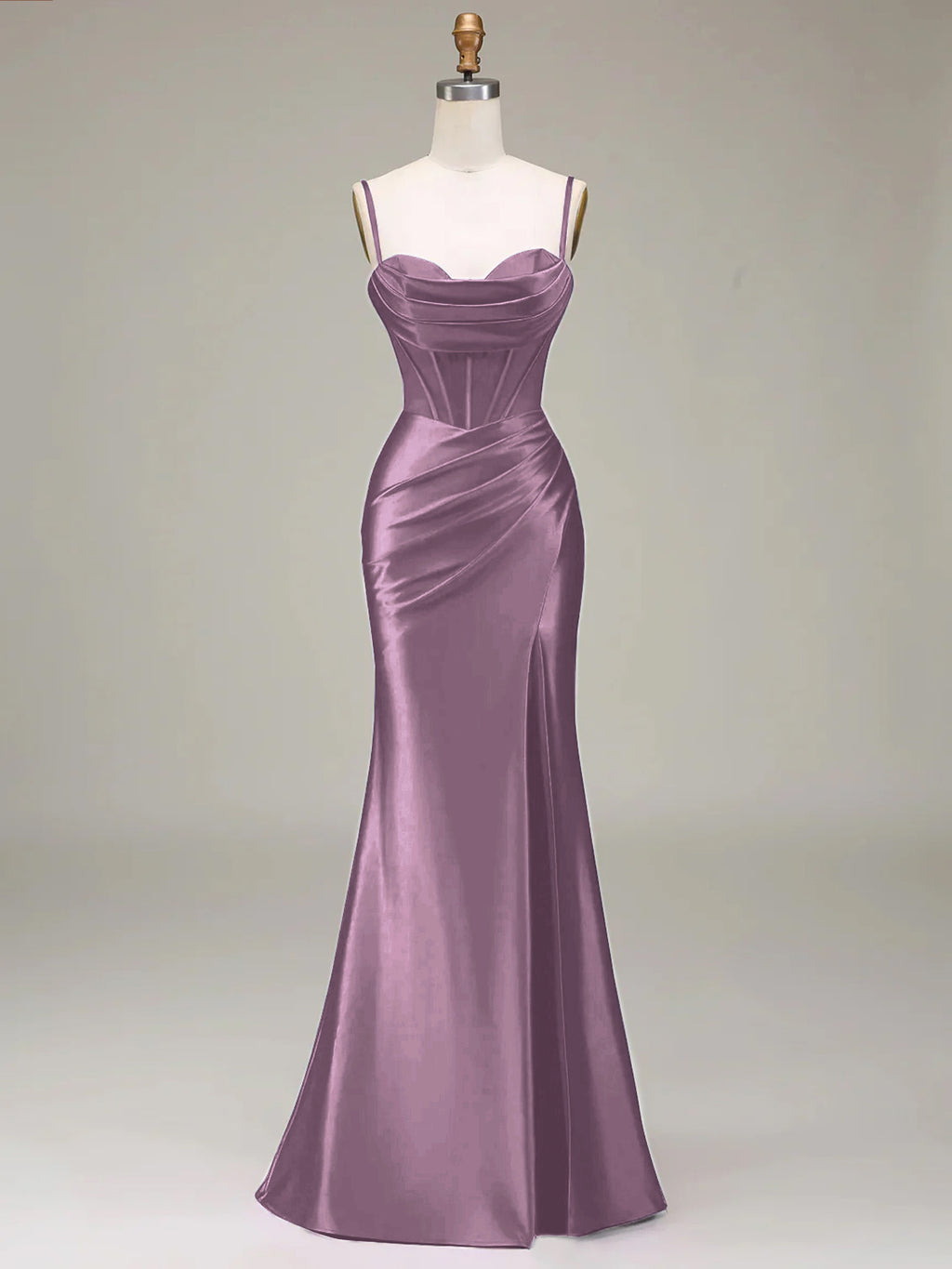 Women's Solid Color Satin Slip Dress with High Slit, Back Tie Waist, Cinched Fit, Pleated Details, and Hip-Hugging Design, Elegant for New Year's, Valentine's Day, Parties, Graduations, Weddings, and Bridesmaid Attire - Taro Purple