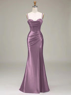 Women's Solid Color Satin Slip Dress with High Slit, Back Tie Waist, Cinched Fit, Pleated Details, and Hip-Hugging Design, Elegant for New Year's, Valentine's Day, Parties, Graduations, Weddings, and Bridesmaid Attire - Taro Purple
