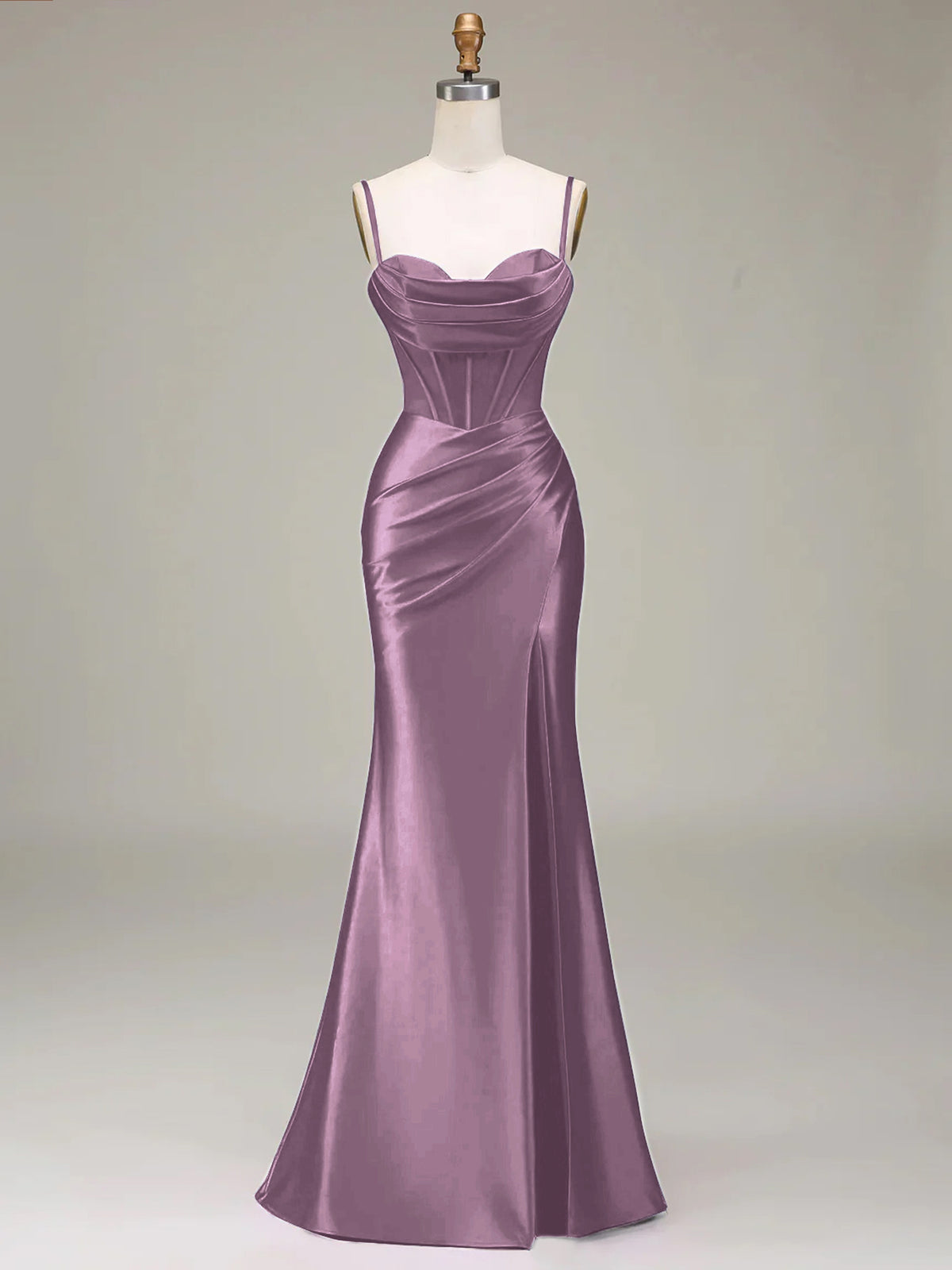 Women's Solid Color Satin Slip Dress with High Slit, Back Tie Waist, Cinched Fit, Pleated Details, and Hip-Hugging Design, Elegant for New Year's, Valentine's Day, Parties, Graduations, Weddings, and Bridesmaid Attire - Taro Purple