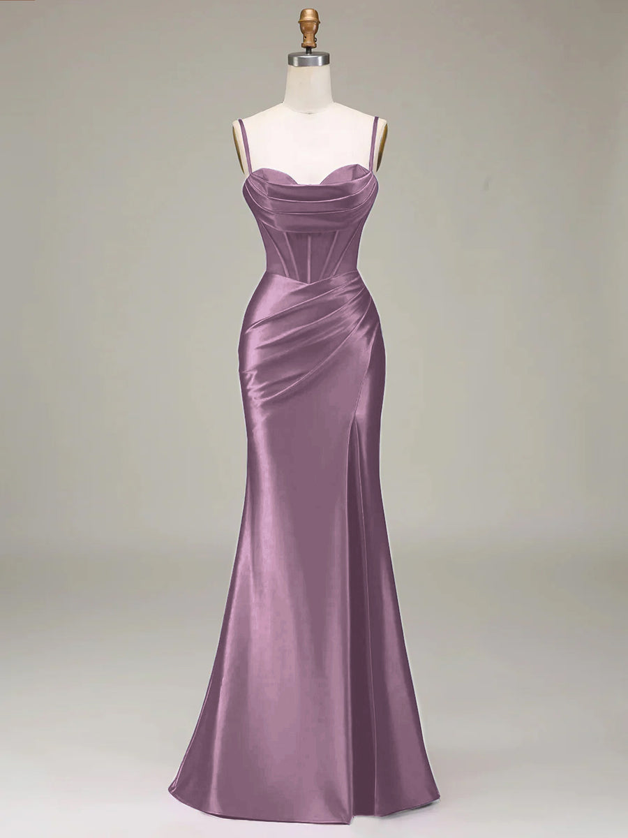 Women's Solid Color Satin Slip Dress with High Slit, Back Tie Waist, Cinched Fit, Pleated Details, and Hip-Hugging Design, Elegant for New Year's, Valentine's Day, Parties, Graduations, Weddings, and Bridesmaid Attire - Taro Purple