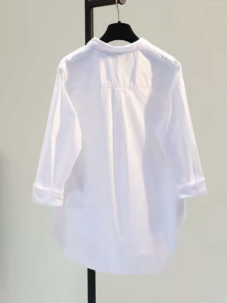 Women's Simple and Elegant Shirt Jacket, New Spring/Summer Style, Front Short Back Long, Versatile Loose Fit Casual Long Sleeve Top - White