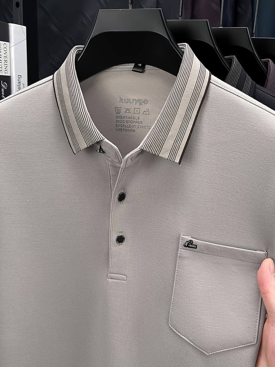 Men's Multi-Color Contrast Lapel Long-Sleeve Polo Shirt, Business Pullover Top with Real Pockets, Skin-Friendly and Breathable, Suitable for Business Commuting, Business Trips, Parties, Daily Home Wear, and Casual Base Layers - Khaki