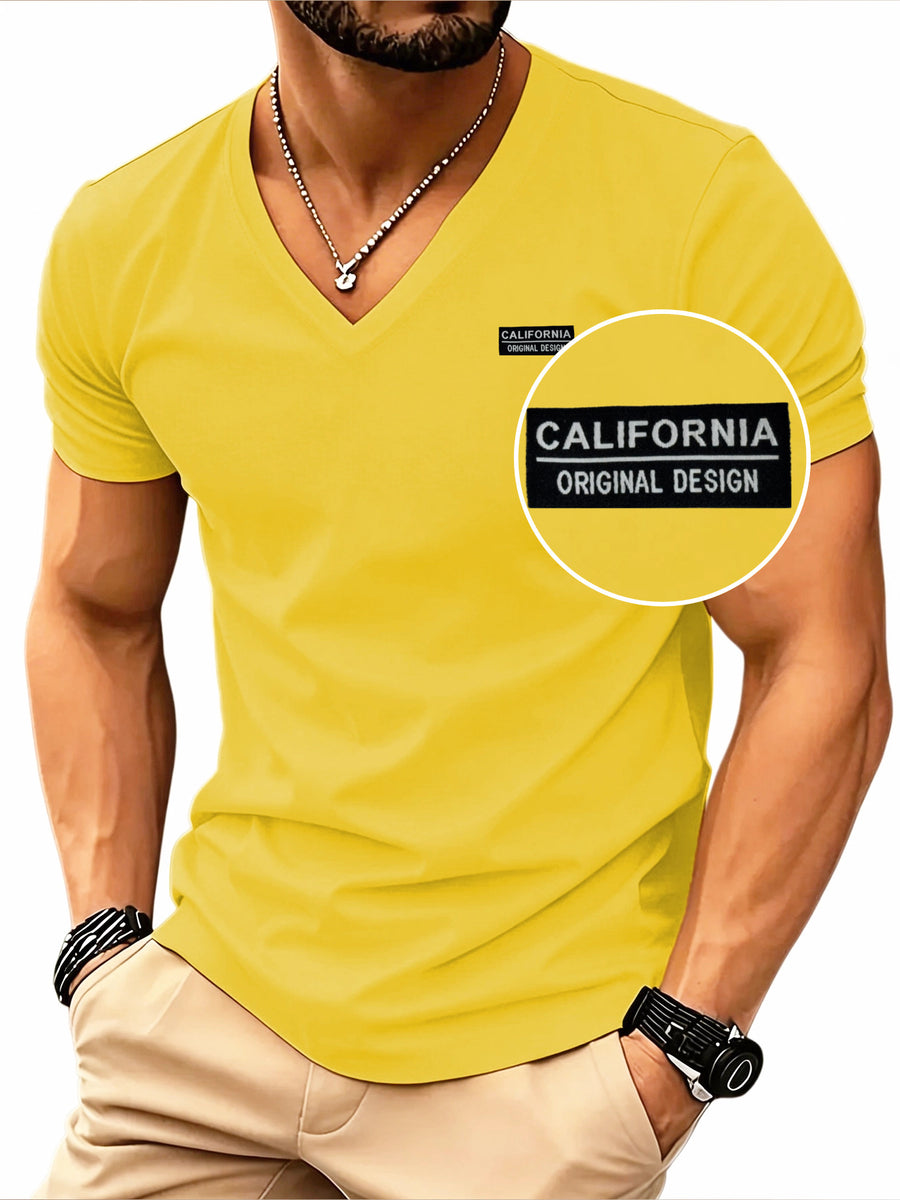 [180G 100C] Men'S V-Neck T-Shirt Solid Color Short Sleeve Top Casual Base Layer, "CALIFORNIA" Letter Print, Men'S All-Season Daily Wear, Father'S Day Gift, Back-To-School Season, Date Night, Designed Clothing - Yellow