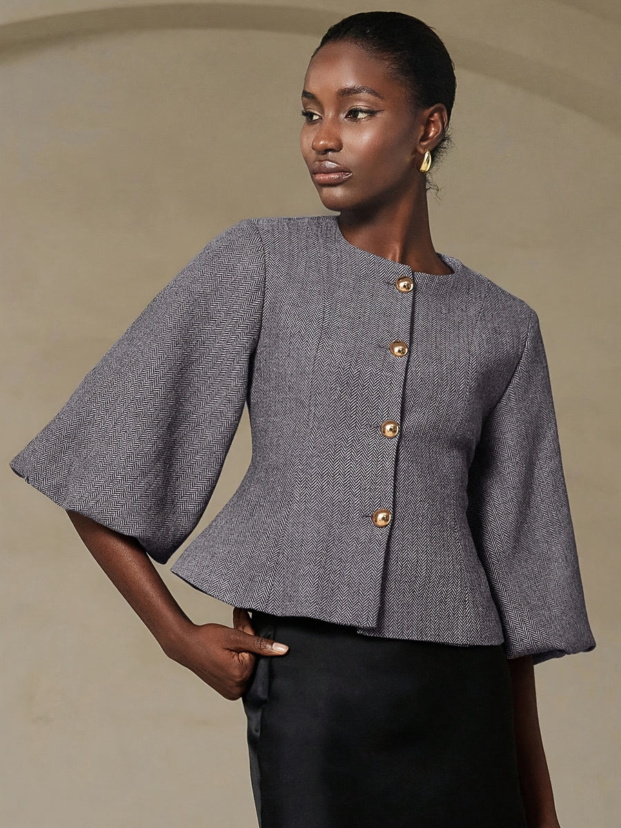 Elegant Vintage French-Style Women's Blazer, Featuring a High-end Herringbone-patterned Round Neck with a Cinched-waist Cut. This Jacket Combines Exquisite Lantern Sleeves with Metal Button Detailing, Making It a Versatile Piece for Daily Fashion - Grey