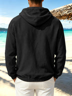 Men'S Spring Autumn New Thin Solid Linen Lightweight Hooded Sweatshirt Casual Commute Outing Fitness Party Street Fashion Athletic Casual Large Pocket Long Sleeve Hooded Top - Black